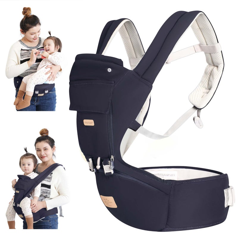 FRUITEAM 6-in-1 Baby Carrier with Waist Stool, Adjustable for Breastfeeding, One Size Fits All - Adapt to Newborn, Infant & Toddler (Navy) - Image 1